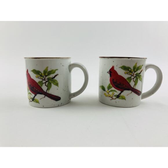 Set 2- Vintage Speckled Stoneware Red Cardinal Bird Ceramic Coffee Mugs Cups Tea - Picture 11 of 13